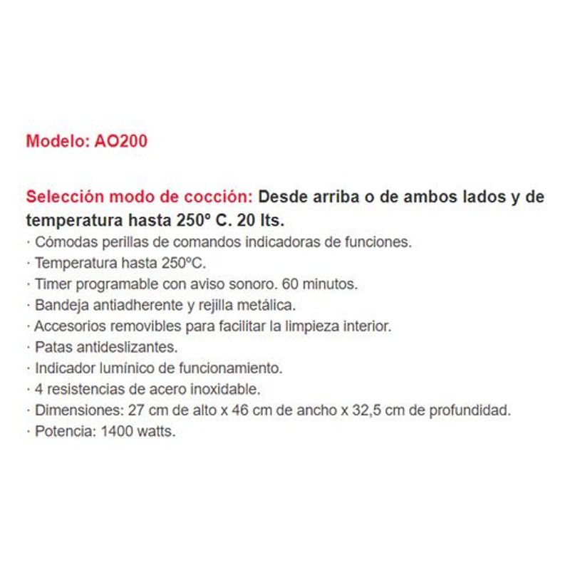 Caracteristicas-Horno-Electrico-Liliana-20L-Ao200-Compactcook-Color-Negro