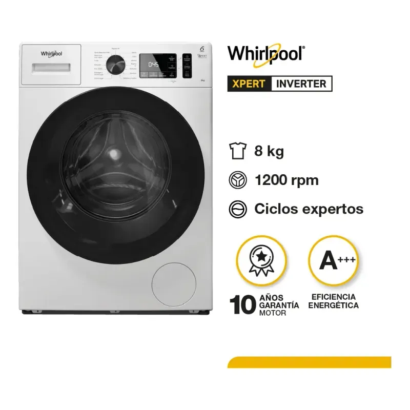 Lavarropas Automático Whirlpool Inverter 8kg Blanco Frontal