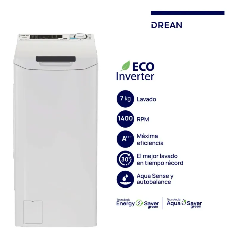 Lavarropas Drean Carga Sup. Ecoinverter 7 Kg 1400rpm