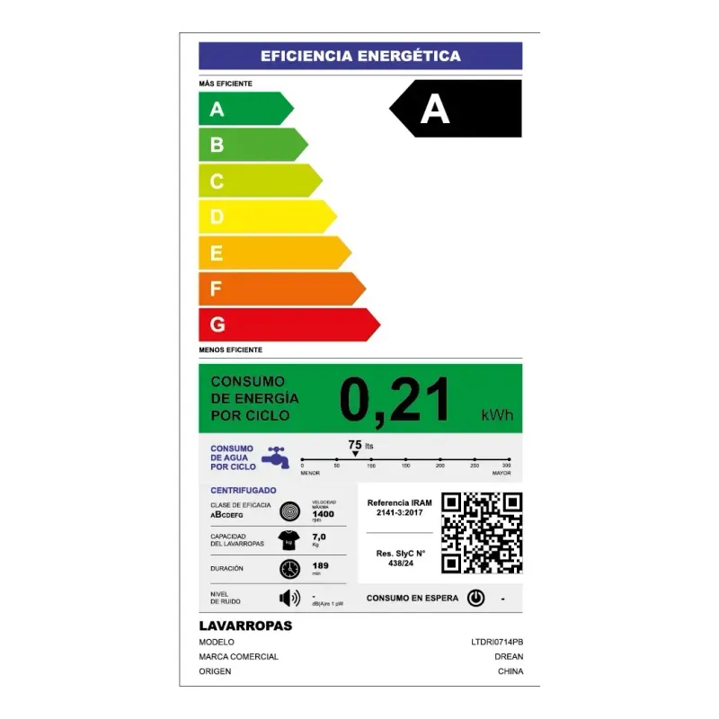 Lavarropas Drean Carga Sup. Ecoinverter 7 Kg 1400rpm